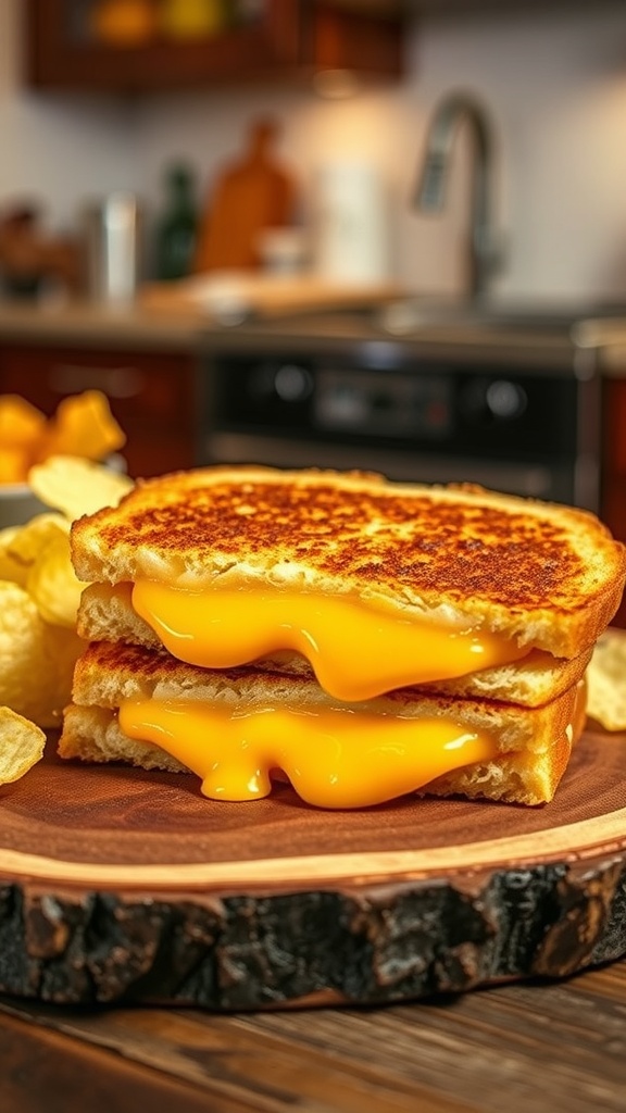 A gooey grilled cheese sandwich cut in half, showing melted cheese, with potato chips on the side.